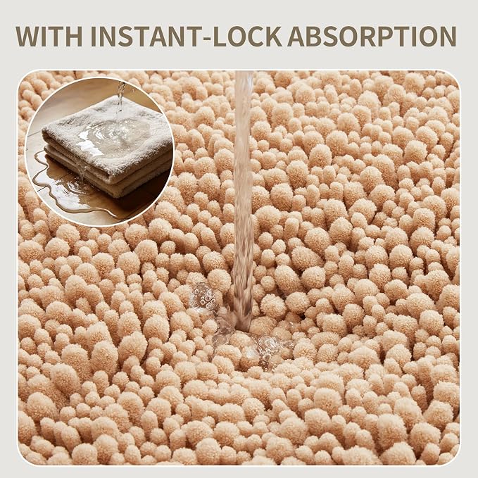 Bathroom Rugs Non Slip Washable 60x24, Extra Thick Soft Chenille Absorbent Bath Mat, High Density Barrier Non Slip Backing, Quick Dry Plush Shaggy Floor Carpet for Tub&Shower, Beige