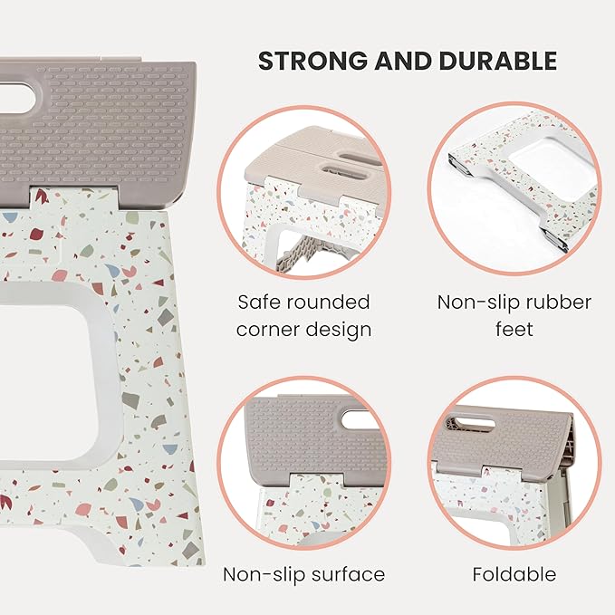 Vigar Compact Folding Step Stool - 12-1/2 Inch Foldable Step Stool for Adults, Lightweight Portable Stool with Handle, Non Slip Step Stool, Space-Saving Stool up to 330 lb - Grey, Terrazo Pattern
