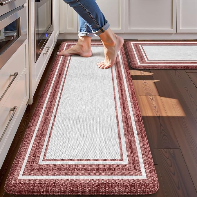 KIMODE Anti Fatigue Kitchen Mats for Floor 2 Piece, Christmas Farmhouse Kitchen Rugs, Padded Kitchen Floor Mats, Red Boho Standing Desk Mats for Laundry Room Decor Office Bathroom Sink 17"x47"+17"x29"