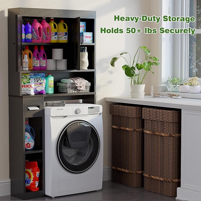 Over The Toilet Storage Cabinet with 7 Shelves, Imitation Walnut Grain Above Toilet Bathroom Organizer with Toilet Paper Holder Stand, Space Saver for Restroom, Laundry, Bathroom (Black)