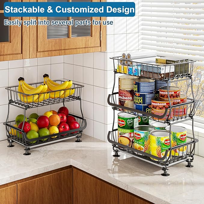 OKZEST 3-Tier Rolling Pantry Floor Organizer and Storage Cart with Wheels, Stackable Wire Pantry Baskets for Pantry Shelves, Kitchen Fruit Basket Stand and Storage Rack for Fruit Snack Onion Potato