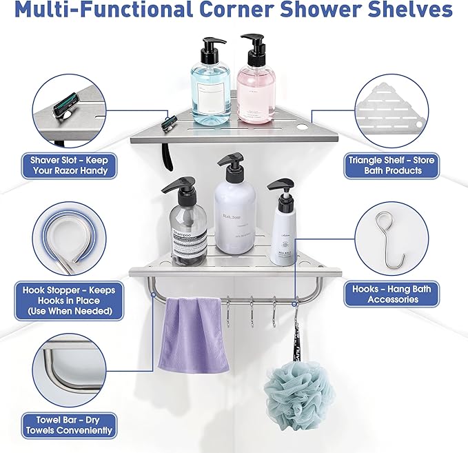 Shower Corner Shelf, 10'' Corner Shower Shelf with Towel Bar & Hooks, 2-Pack 304 Stainless Steel Recessed Bathroom Shelves, No Drilling for Tiled Wall (Brushed Nickel)
