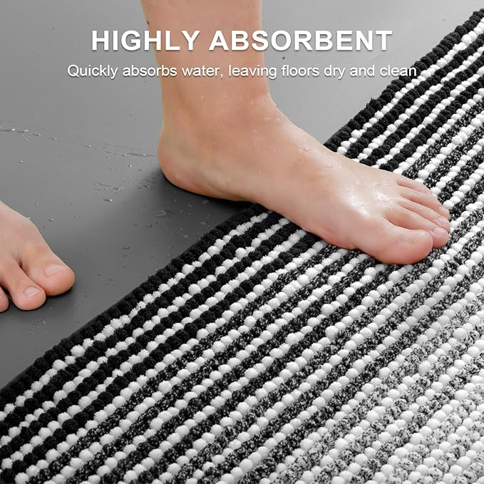 Bathroom Rugs Sets 2 Piece, Toilet Rugs U-Shaped, Contour Bath Mat Set for Toilet Bathroom, Soft Absorbent Chenille Bath Carpet, Quickly Dry, Washable (Black, 32" x 20" + 24" x 20")