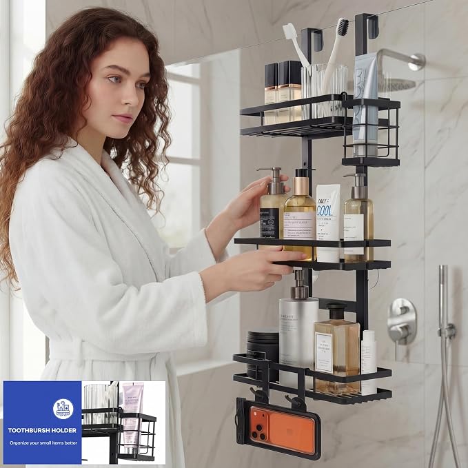 Over the Door Shower Caddy Hanging, Rustproof Shower Shelves with Waterproof Phone Pouch, 3-Tier Adjustable Bathroom Organizers and Storage, No Drilling Shower Shelf, Black Shampoo Soap Holder