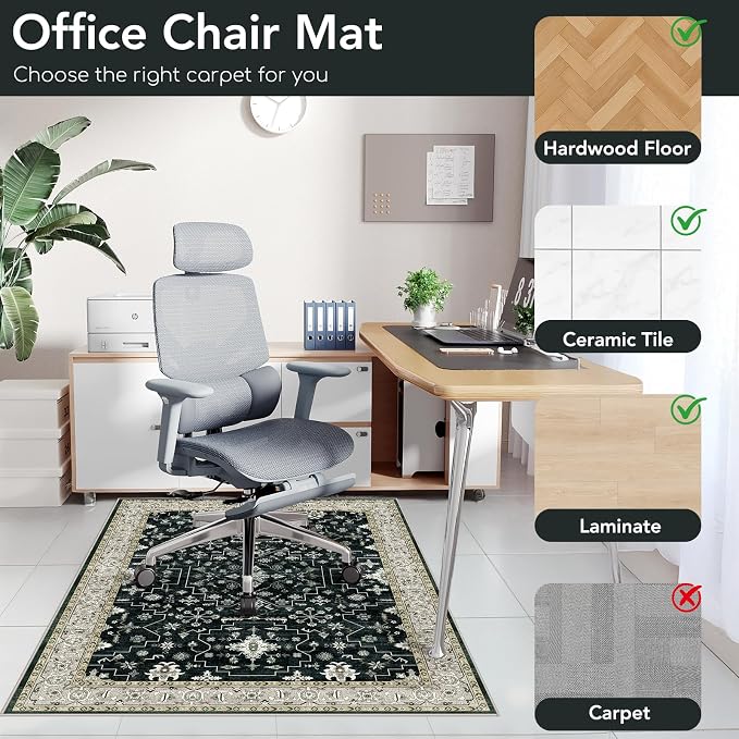 Office Chair Mat for Hardwood Floor&Tile Floor,36"x48" Heavy Duty Desk Chair Mat for Hard Floors,Under Desk Rug for Rolling Computer Chair,Anti Slip,Low Pile Carpet Floor-Frame Black White