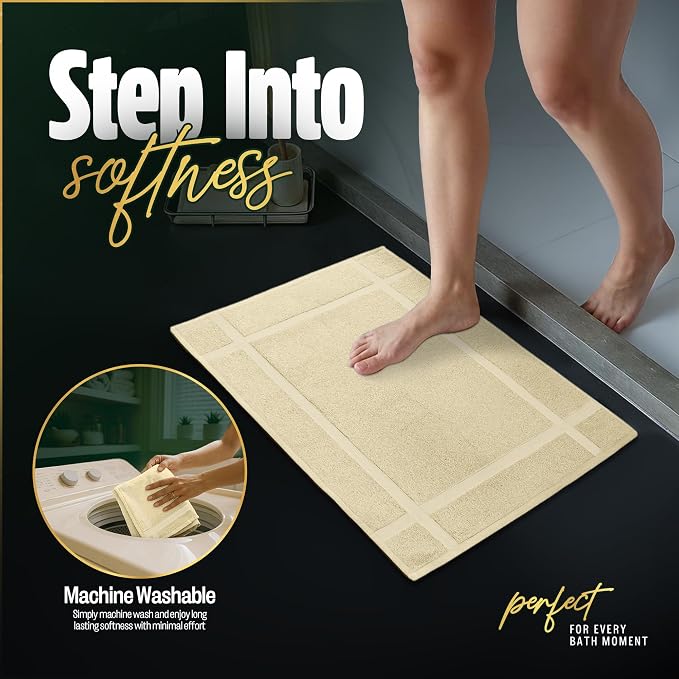 Pearl Linens Pack of 2 100% Cotton Bath Mat 18x25 inches, Soft & Absorbent Quick Dry Bathroom Mat Set, Not Bathroom Rugs, After Shower Mat, Bath Tub Mat, 781 GSM, Machine Washable, Beige