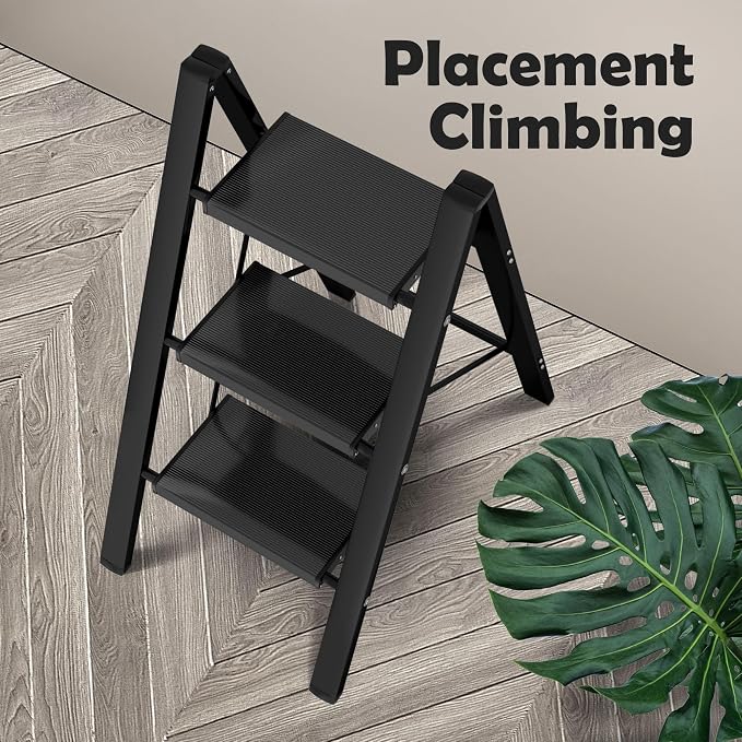 Taranta 3 Step Ladder,Aluminum Lightweight Folding 3 Step Stool with Anti-Slip Wide Pedal,330lbs Capacity Step Ladder for Household,Kitchen,Office - Black