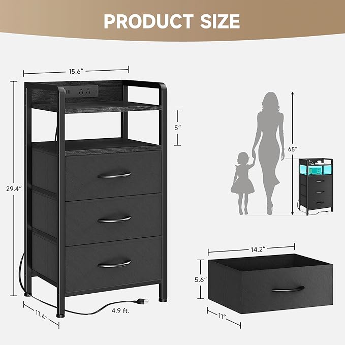 Lazzanto Night Stand Bedside Charger Bedroom - Nightstand with Charging Station & LED Light Strip, Night Stand with Storage Shelf & 3 Fabric Drawers, Morden End Table with U-S-B Ports & AC Outlets
