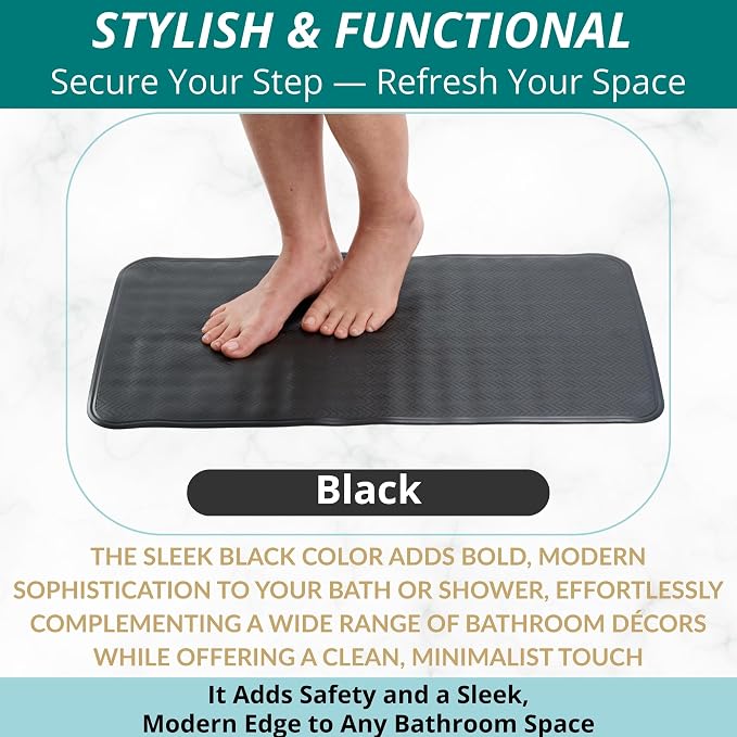 ENKOSI Non Slip Bath Mat for Tub and Shower Floors – Anti Slip Shower Mat with Secure Suction Cup Grip – Soft Black Bathtub Mat for Inside Tubs and Bathroom Shower Stalls (28x16 Black)