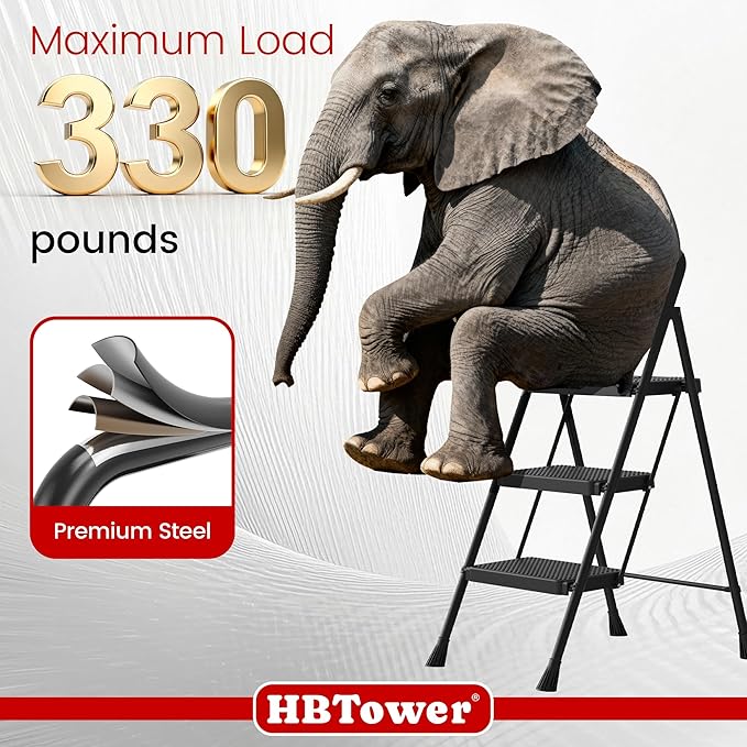 HBTower Step Ladder, Step Stool Foldable for Adults with Wide Anti-Slip Pedal, Lightweight 3 Step Ladders for Home