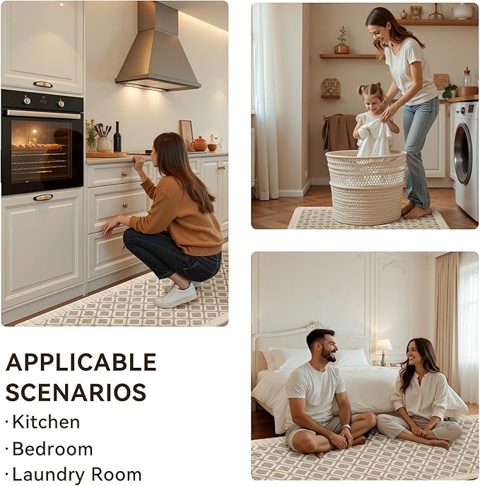 Tan Khaki Vintage Geometric Elegance Grid Kitchen Rug Sets [2 PCs], Anti-Fatigue, Waterproof Non-Slip Kitchen Mats Heavy Duty Comfort Foam Rug for Kitchen, Floor, Laundry,17"x29"+17"x47"