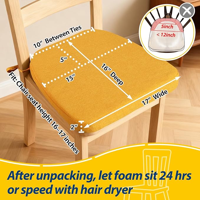 AAAAAcessories D-Shaped Chair Cushions, 2" Thick Dining Chair Pads with Ties and Removable, Machine-Washable Cover, 17" x 16", Set of 2, Golden Orange