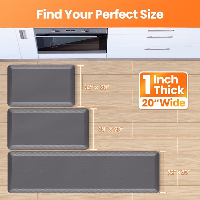Kitchen Mats for Floor, 1 Inch Extra-Thick Kitchen Rugs, Non-Slip & Waterproof Standing Desk Mat, Comfort Anti Fatigue Mats for Kitchen Floor, Home, Sink, Office (20" X 32", Grey)