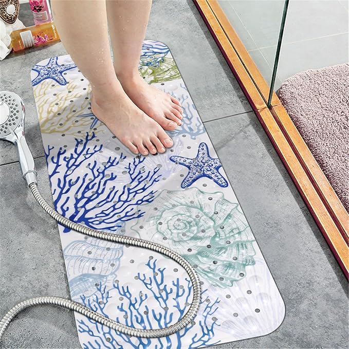 Topotdor Nautical Coastal Bathtub Mat Non Slip for Shower Tub, 40 X 16 Inch Extra Long Bath Mat for Elderly & Kids, Machine Washable Shower Floor Mat with Suction Cups & Drain Holes, Starfish Coral