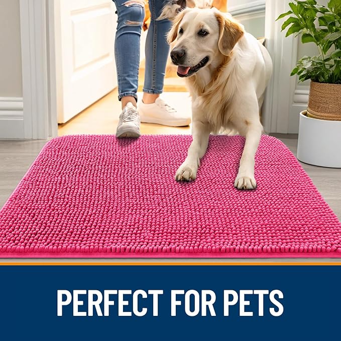 OLANLY Dog Door Mat for Muddy Paws 35x24, Absorbs Moisture and Dirt, Absorbent Non-Slip Washable Doormat, Quick Dry Chenille Mud Mat for Dogs, Entry Indoor Entryway Carpet for Inside Floor, Hot Pink