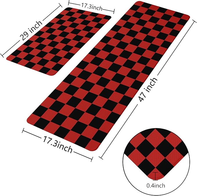 Black Red Christmas Checkered Grid Checkerboard Kitchen Rug Sets [2 PCs], Anti-Fatigue, Waterproof Non-Slip Kitchen Mats Heavy Duty Comfort Foam Rug for Kitchen, Floor, Laundry,17"x29"+17"x47"
