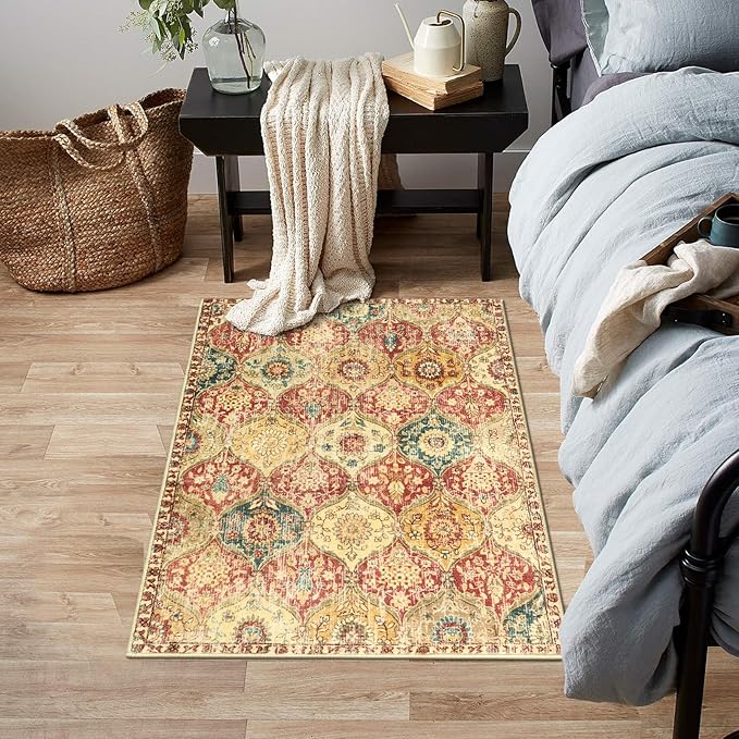 Lahome Moroccan Trellis Washable Rug, 2x3 Bathroom Rugs for Kitchen Entryway, Non-Slip Indoor Door Mat Ultra-Thin, Small Oriental Throw Carpet for Bedroom Entry Elise, Red/Orange