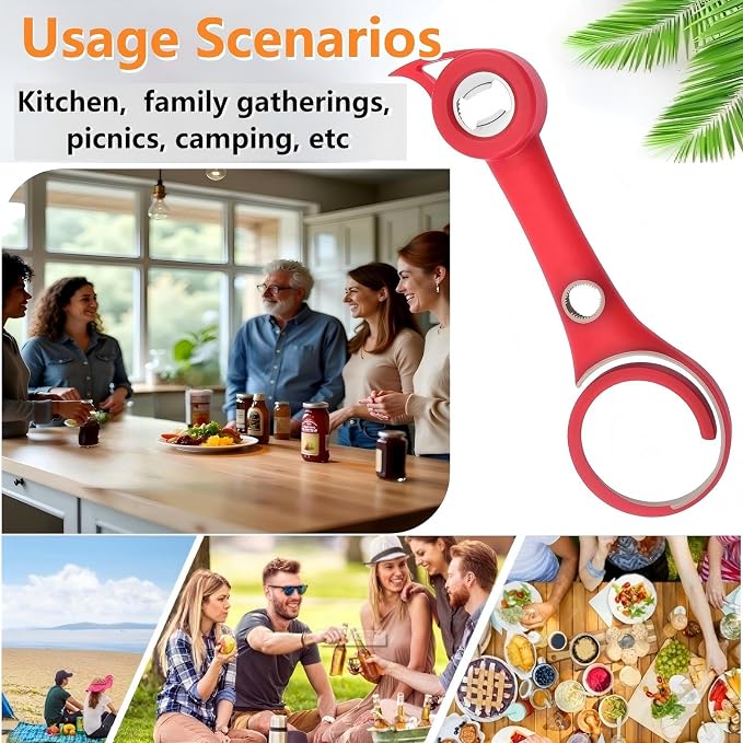 6in-1 Multi Functional Can Opener, Easy to Open Can/Beer/Jam Bottle Caps, labor-saving and anti slip handle, suitable for kitchen can openers, pull tab cans, vacuum caps, and twist caps(Red)
