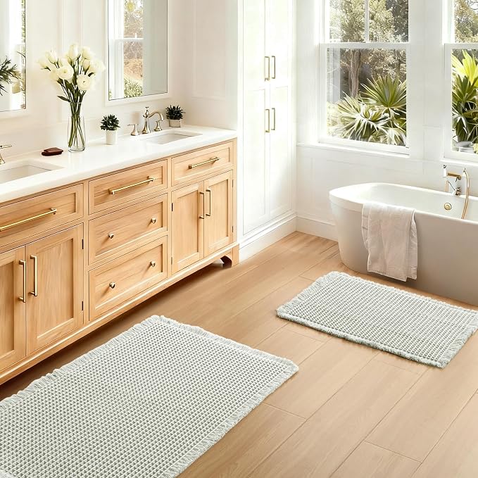 JIUZHEN Set of 2 Waffle Bath Mats Super Absorbent Bath Mat Non Slip Bathroom Rugs for Bathroom Floor Dry Fast Washable Boho Rugs for Beside Tub, 16" x 24" +20" x 32", Cream