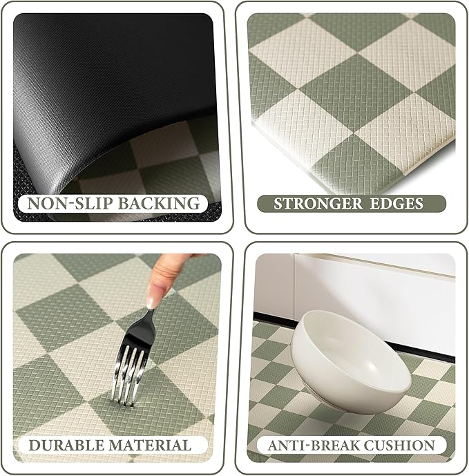 Beige Sage Checkered Grid Checkerboard Kitchen Rug Sets [1 PC], Anti-Fatigue, Waterproof Non-Slip Kitchen Mats Heavy Duty Comfort Foam Rug for Kitchen, Floor, Laundry,17"x29"