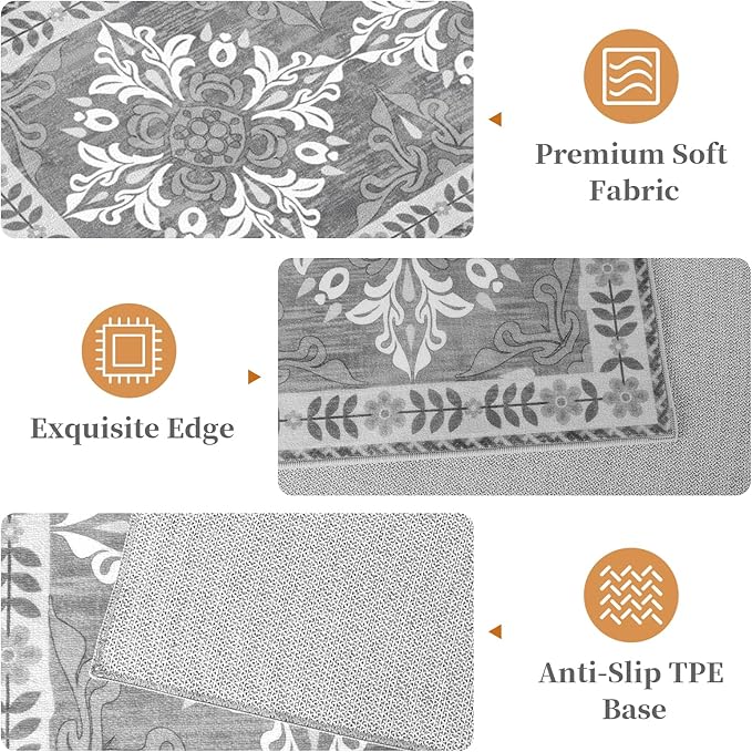 3-Piece Kitchen Rugs, Non-Slip & Washable Floor Mats, Water-Absorbent Area Pad, Standing Desk Mat for Office, Home, Doorway, Laundry, Kitchen Accessories (Light Grey)