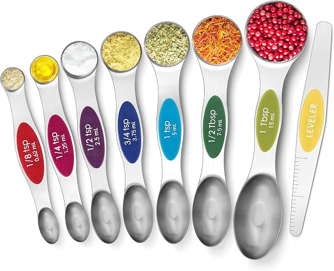 Urbanstrive Magnetic Measuring Spoons Set Stainless Steel, Dual Sided for Liquid Dry Food, Measuring Cups Spoons Set Fits in Spice Jar, Kitchen Gadgets, Cooking Utensils Set, Including Leveler, 8Color