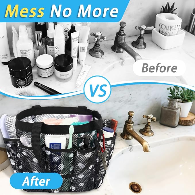 Fammart Mesh Shower Caddy Portable for College Dorm Room Essentials, Odorless Polyester Large Shower Tote Bag with Dual Handles, 8-Pocket Quick-Dry Toiletry Organizer for Travel, Beach, Camping, Gym