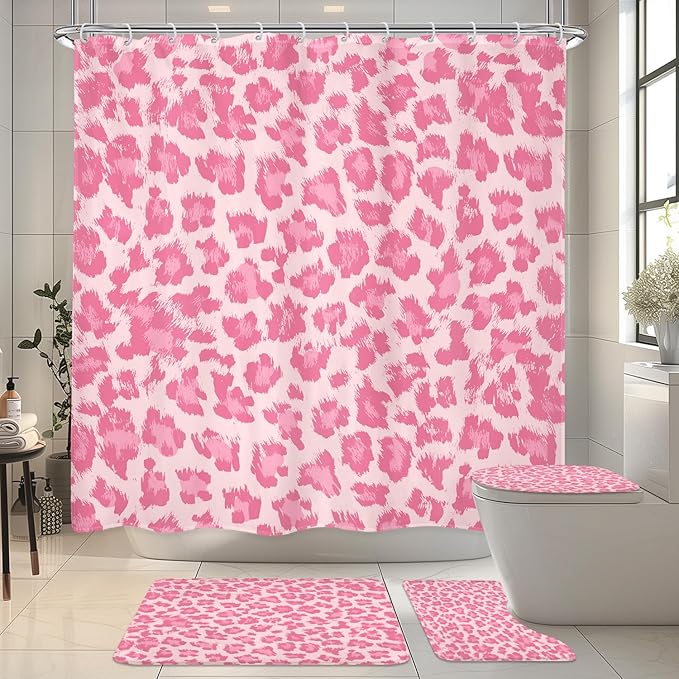 4 PCS Pastel Pink Leopard Print Shower Curtain Set 72Wx72H,Toilet Lid Cover,Non-Slip Rugs and U-Shaped Mat,Wild Cheetah Bathroom Sets with Rugs with 12 Hooks for Bathroom Decor