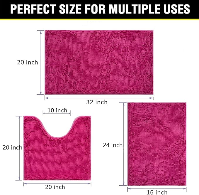 Bathroom Rugs Chenille 3-Piece Extra Soft and Absorbent Shag Bathroom Rugs, Machine Wash Mat, Strong PVC Non-Slip Underside, Plush Carpet Mats (Rose Red)