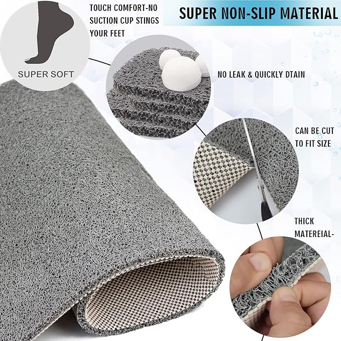 godehone Shower Mats Non Slip Without Suction Cups, PVC Loofah Bathroom Mats, Loofah Mats for Shower and Bathroom, Quick Drying, 23.6× 47.2 Inch, Grey