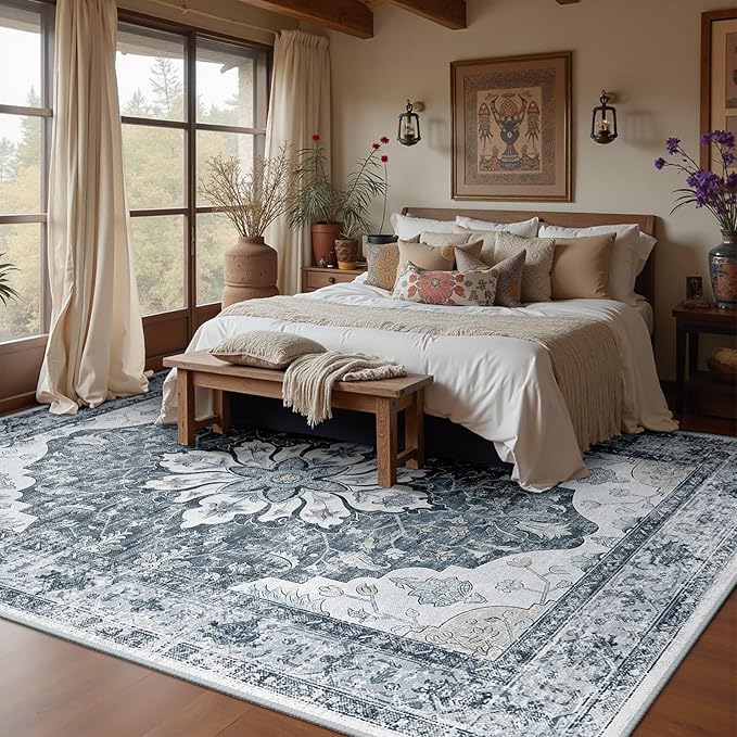 RELEANY Area Rugs 6'x8' Washable Non-Slip, Floral Vintage Distress Medallion Carpet for Living Room Bedroom Dining Room, Light Gray Grey White