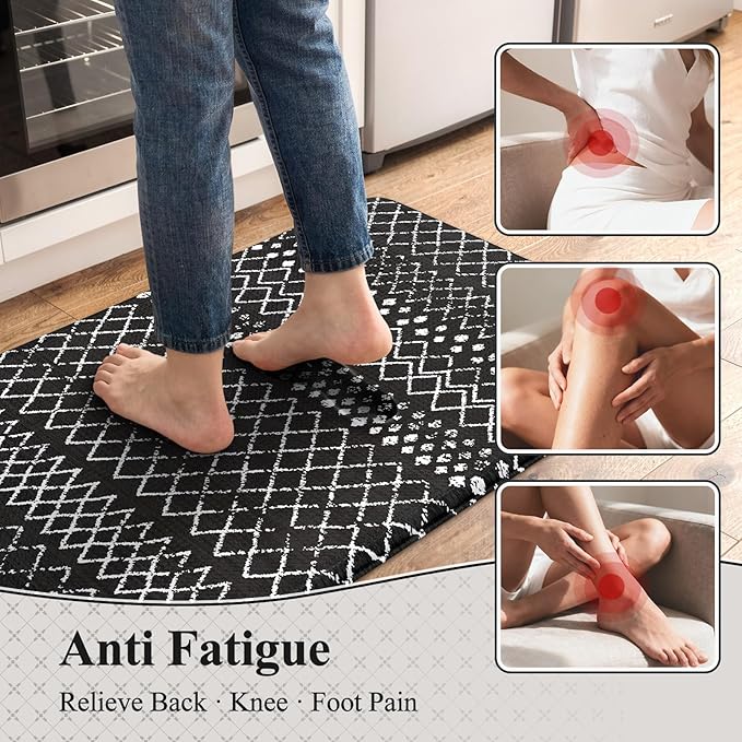KIMODE Anti Fatigue Mats for Kitchen Floor 17"x47"+17"x29", Black Boho Distressed Kitchen Rugs Sets of 2, Cushioned Kitchen Floor Mats, Non Slip Standing Mats for Sink Laundry Room Decor Office Desk