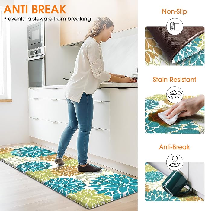 StepLively Kitchen Mats for Floor 2PCS, 0.47" Anti Fatigue Mats for Kitchen Floor, Kitchen Accessories for Sink, Office, Laundry, 17.3"×30"+17.3"×47", Yellow and Green
