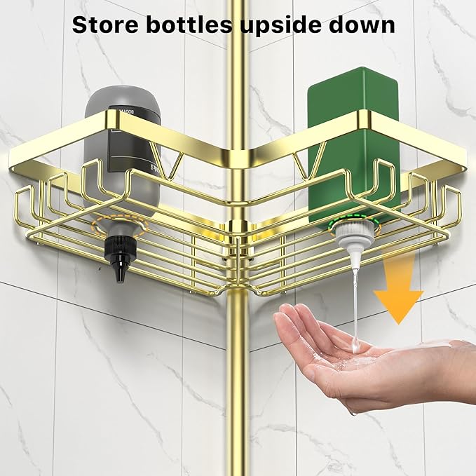 DAOYA Shower Caddy Tension Pole - Gold Corner Shower Caddy Stainless Steel Bathroom Shower Organizer for Tub Tension Rod Corner Shower Shelves(25-114inch)