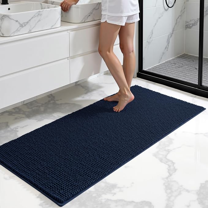 SUBRTEX Bathroom Rugs, 24" x 55" Chenille Bath Rug Soft Short Plush Bath Mat Soft Shower Mat Water Absorbent Shower Mat Quick Dry Machine Washable, Navy