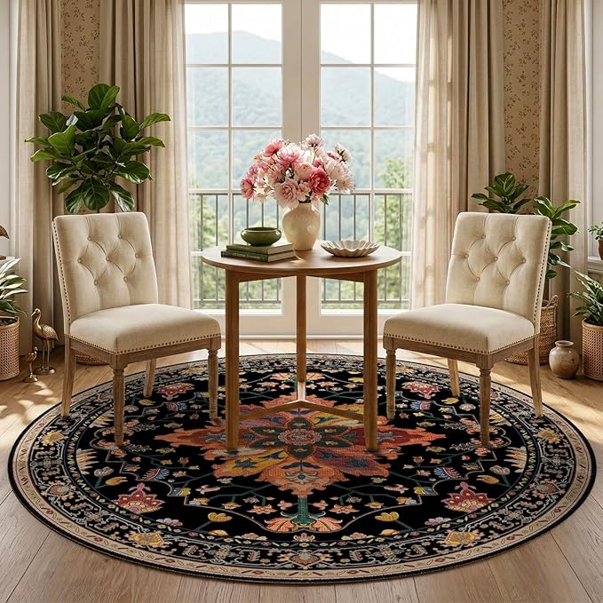 RELEANY Area Rugs Round 5ft Washable Non-Slip, Floral Vintage Distress Medallion Carpet for Living Room Bedroom Dining Room, Black Colorful Floral Dark Tan