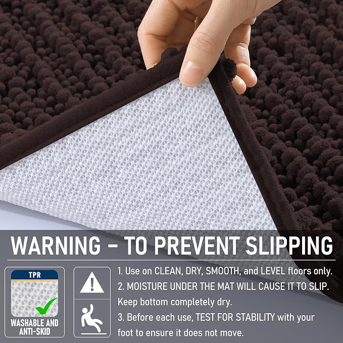 OLANLY Bathroom Rug Mat 59x35, Thick Soft and Absorbent Chenille Bath Mat, Non-Slip Rubber Backing, Machine Washable Quick Dry Bath Rugs for Tub Shower Floor, Home Decor Accessories, Brown