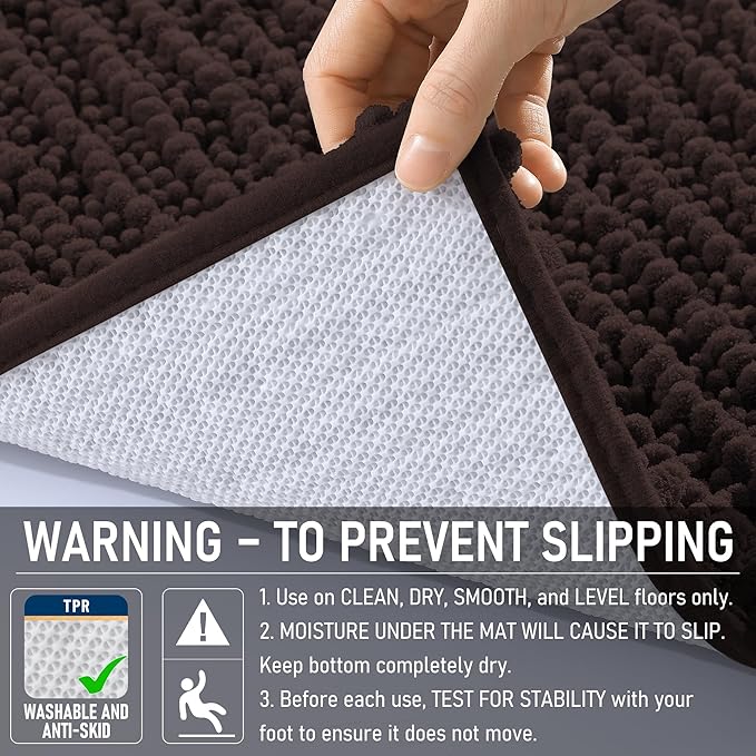 OLANLY Bathroom Rug Mat 36x24, Thick Soft and Absorbent Chenille Bath Mat, Non-Slip Rubber Backing, Machine Washable Quick Dry Bath Rugs for Tub Shower Floor, Home Decor Accessories, Brown