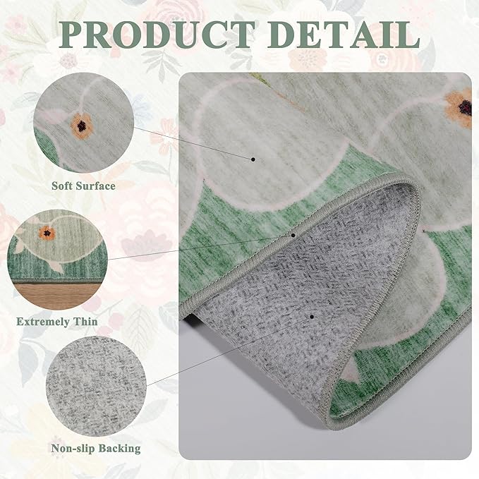 DUKINO 2x12 Washable Runner Rug, Ultra Soft Floral Runner Rug for Hallway, Boho Non Slip & Non Shedding Indoor Entryway Carpet for Kitchen, Laundry Room, Bathroom, Bedroom, Entrance, Green