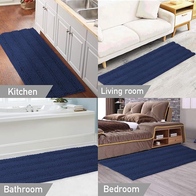 Turquoize Bath Rug Runner for Bathroom 59inx 20in Extra Large Navy Blue Striped Bath Mat Runner Slid Resistant Oversize Non-Slip Bathroom Rugs Shag Area Rug, Absorbent Shaggy Rug for Tub Shower Rug