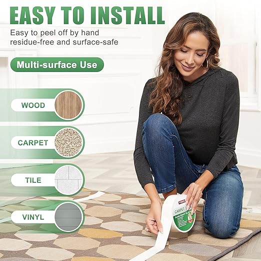 YYXLIFE Double Sided Removable Rug Tape - Carpet Adhesive for Hardwood Floors,Non Slip Anti Curling Floor Tape for Area Rugs,Mats,Carpets - No Residue Strong Hold for Tile, 2Inch x 10Yards,White