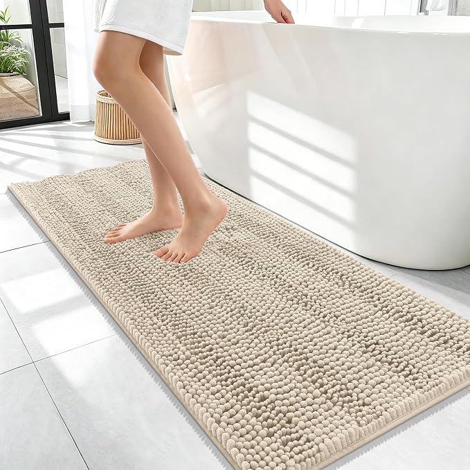 OLANLY Thick Bathroom Runner Rugs 47x17, Extra Absorbent Chenille Striped Bath Rugs, Rubber Backing, Machine Wash Dry, Long Bath Mats for Bathroom Floor, Tub and Shower, Home Decor Accessories, Sand