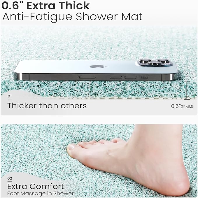 0.6" Extra Thick Non Slip Bath Mat, Shower Mat with Drain, Quick Drying Bathtub Mats for Inside Shower, PVC Loofah Shower Mat, Foot Scrubber for Floor, Bathroom, Home, Kitchen, Wet Areas, 27x16 Inches