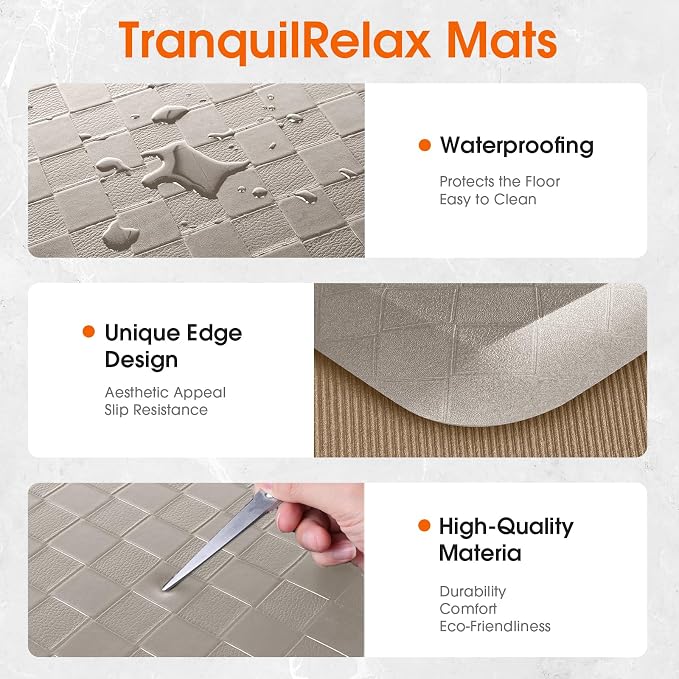 TranquilRelax 4/5 Inch Thick Anti-Fatigue Kitchen Mats 2Pcs, Cushioned Non-Slip Waterproof Sink & Stove Floor Mats, Comfortable Standing Rug Set for Kitchen, Laundry & Entryway, Brown