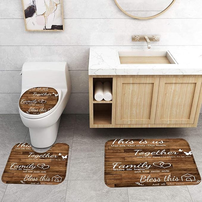 4Pcs Family Shower Curtain Sets with Non-Slip Rugs, Toilet Lid Cover and Bath Mat, Brown Home Bathroom Decor Set Accessories Waterproof Shower Curtains with 12 Hooks, 72 x 72 Inch