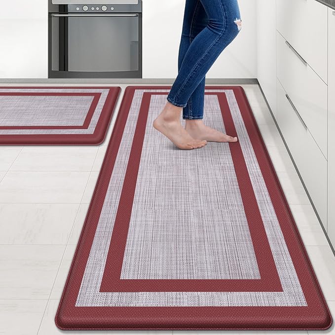 Mattitude Kitchen Mats Set of 2 Cushioned 0.47 inch Thick Rugs Non-Skid Waterproof Mats and Ergonomic Comfort Standing for Floor, Office, Sink,Laundry,Red