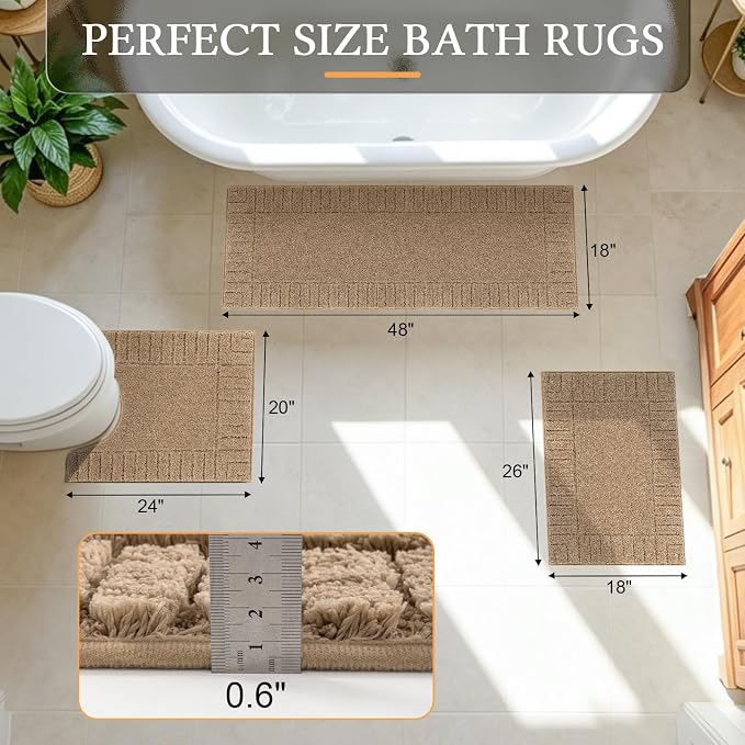 Pauwer Bathroom Rugs Sets 3 Piece Non Slip Machine Washable Bathroom Shower Rugs with U-Shaped Contour Toilet Mat Plush Shaggy Absorbent Microfiber Bath Mat Set, Khaki