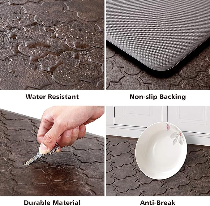 WISELIFE Kitchen Mat Cushioned Anti Fatigue Floor Mat,17.3"x39",Thick Non Slip Water Resistant Kitchen Rugs and Mats,Heavy Duty PVC Foam Standing Mat for Kitchen,Floor,Home,Desk,Sink,Laundry,Brown