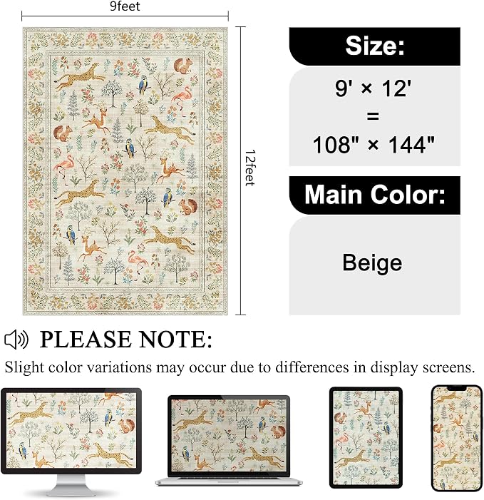 DUKINO 9x12 Rug, Washable Animal Living Room Rug with Non Slip Vintage Design, Soft Low Pile Large Carpet for Bedroom, Nursery, Dining Room, Farmhouse, Playroom, White