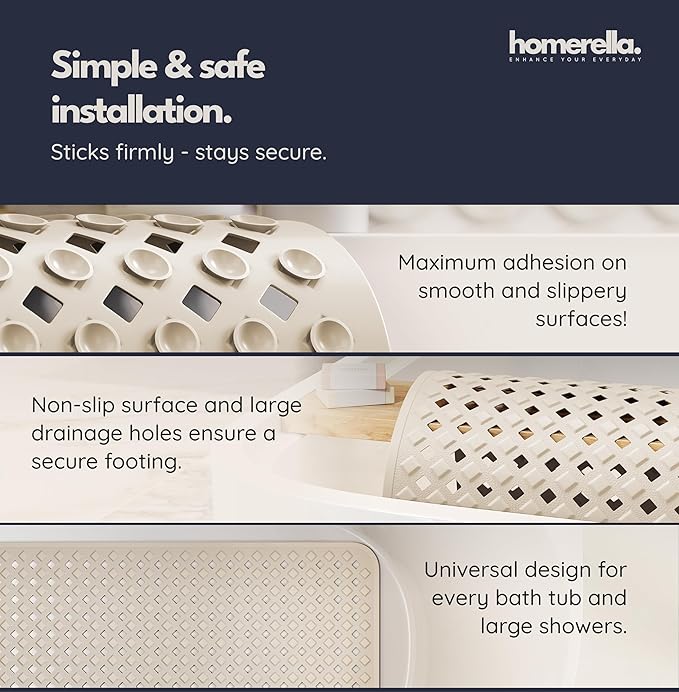 Bathtub Mat Non Slip 35x16 - homerella® Bath Mat Incl. Hooks for Drying, Extra Long, 100% BPA Free, Shower Mat Non Slip Anti Mold, Machine Washable, Shower Mats for Inside Shower Mildew Resistant